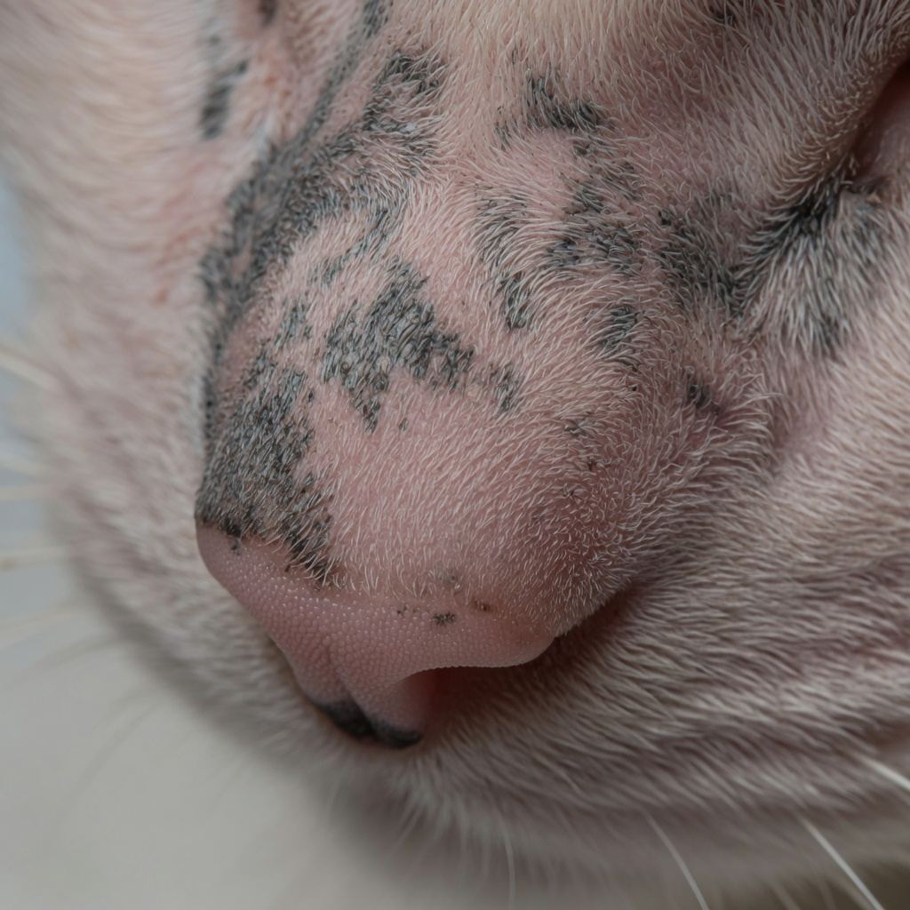 猫鼻镜的近景，皮纹和浅色毛交错。