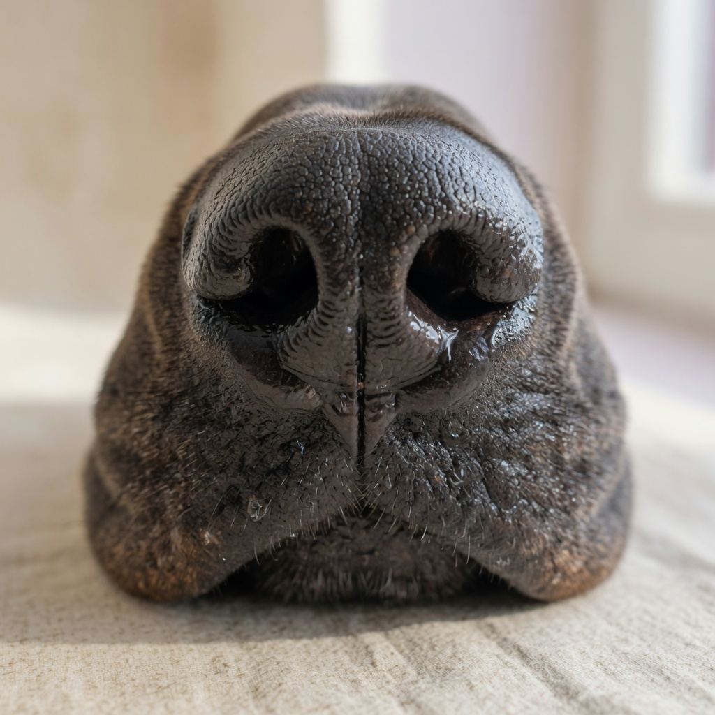 犬鼻镜的近景，中央一道沟，两侧纹路不对称。